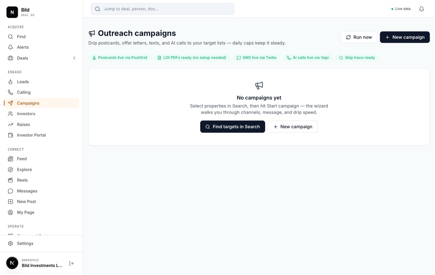 The campaigns dashboard with green readiness badges for each outreach channel