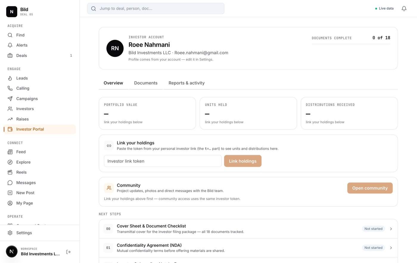 The investor portal Overview tab with portfolio value, holdings, and a documents tracker
