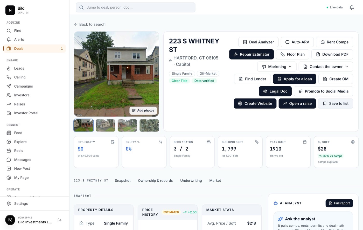 The property analysis page with a photo, key metrics, and analysis tool buttons