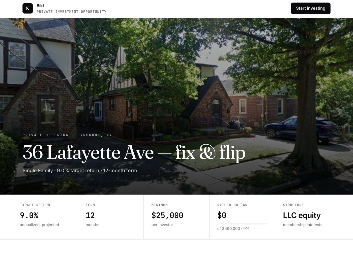 A private investment offering page with the property, headline terms, and a Start investing button