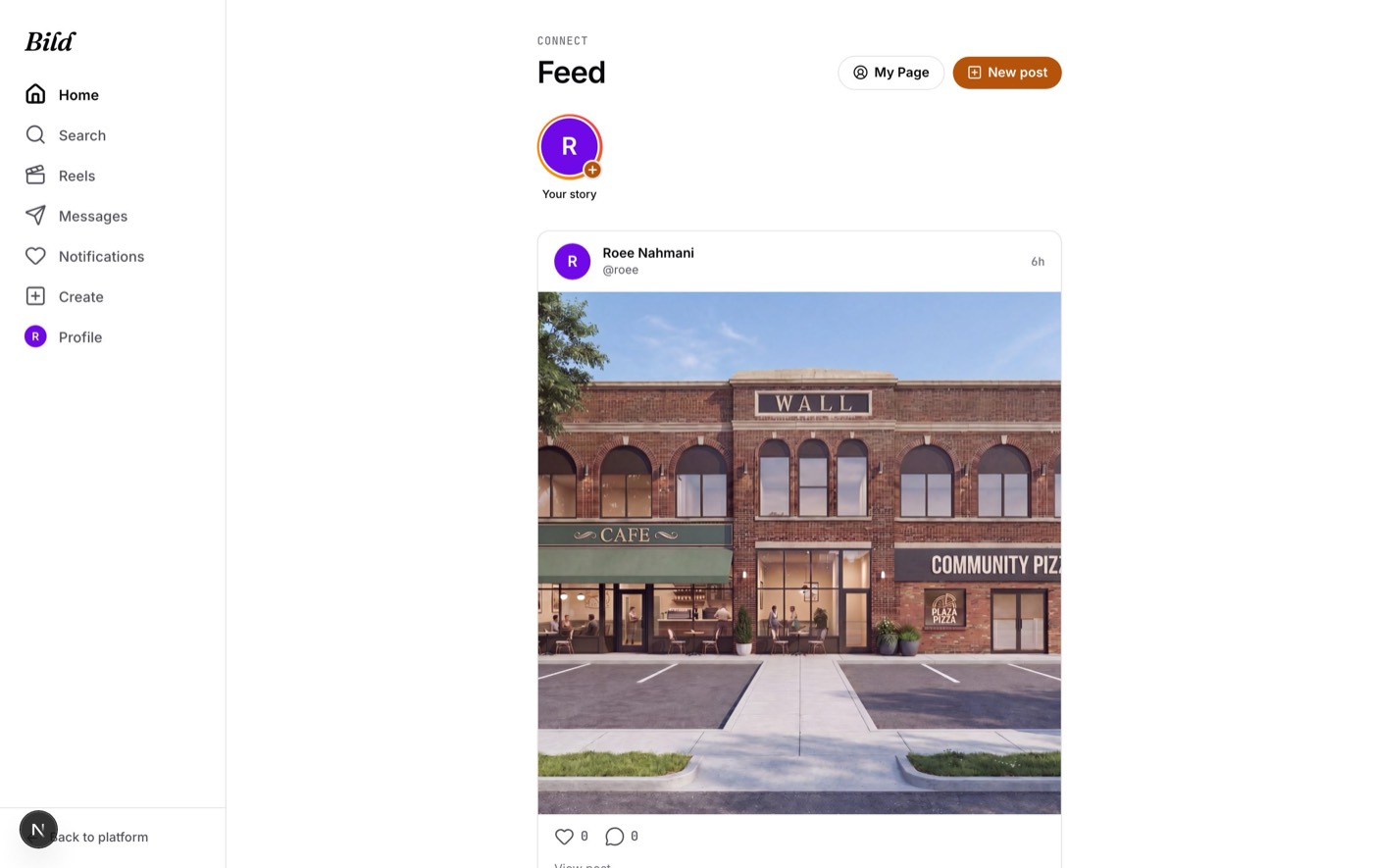 The ParcelDNA community feed, Instagram-style: stories rail, a photo post, and navigation for Reels, Messages, and Profile